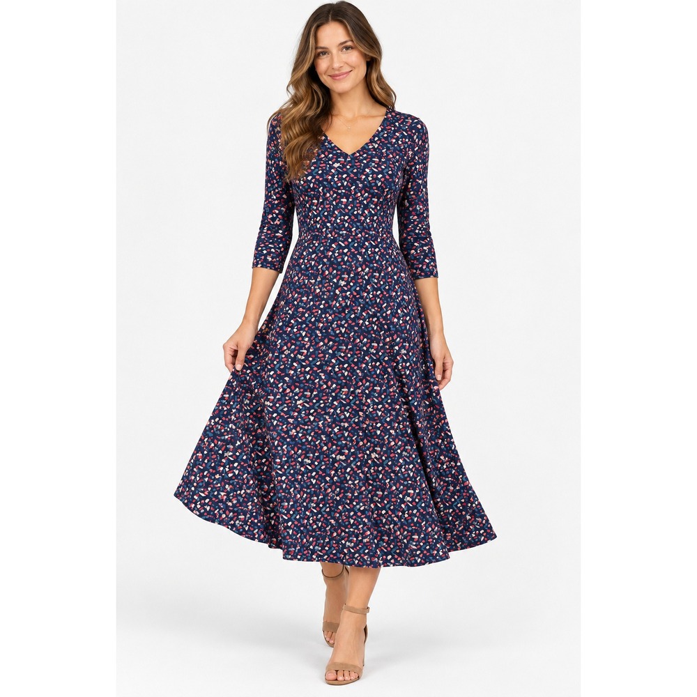 Pact Women's Small Navy Multicolor Print V-Neck Fit & Flare Organic Cotton Dress
